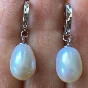 White Cultured Pearl - 925 Silver Sparkly Hoop Earrings